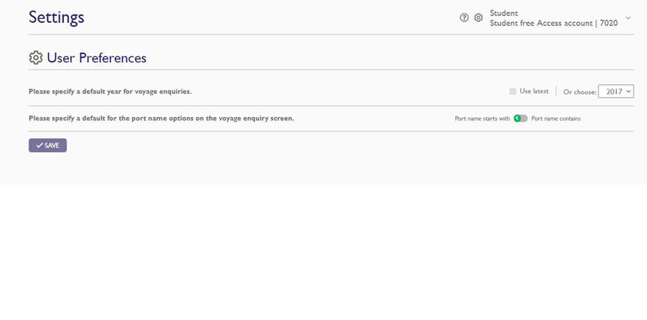 User Preferences screen